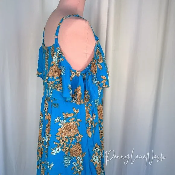 Torrid Plus Mini Gauze Cold Shoulder Skater Dress Blue Floral - Picture 10 of 11